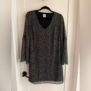 CAbi Long Sleeved Sleeve Dress with Brown and Blue Floral Pattern